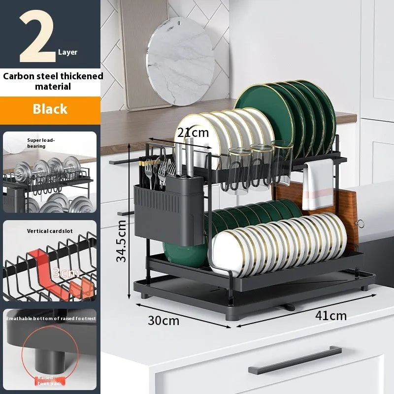 White double-layer kitchen storage rack with removable draining section on a countertop.