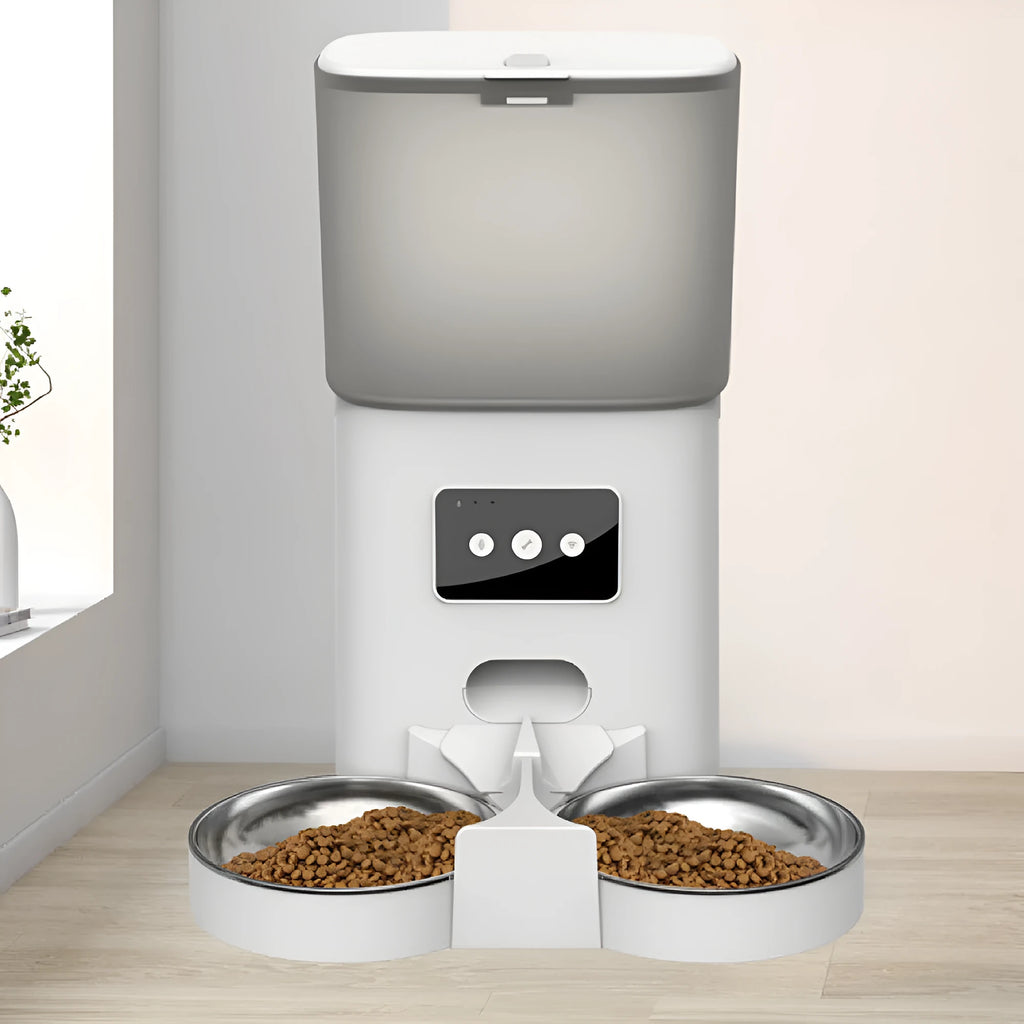 White 6-litre WiFi automatic pet feeder with adjustable dual feeding tray and power adapter for dogs and cats