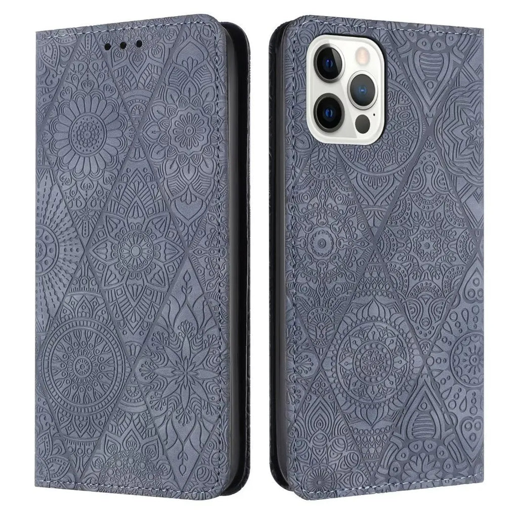 Retro embossing suction leather phone case with bracket for iPhone in black imitation leather