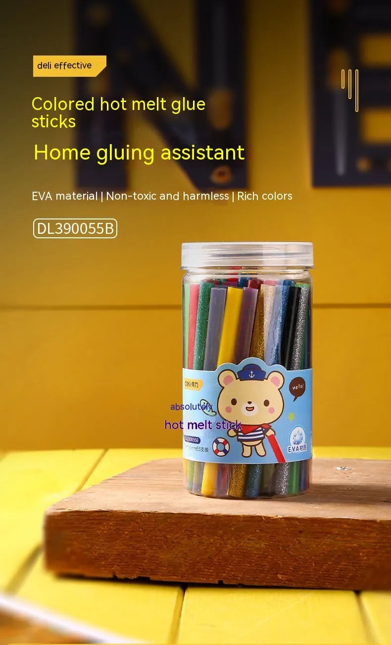 55 transparent EVA hot melt glue sticks in packaging measuring 63 × 121mm
