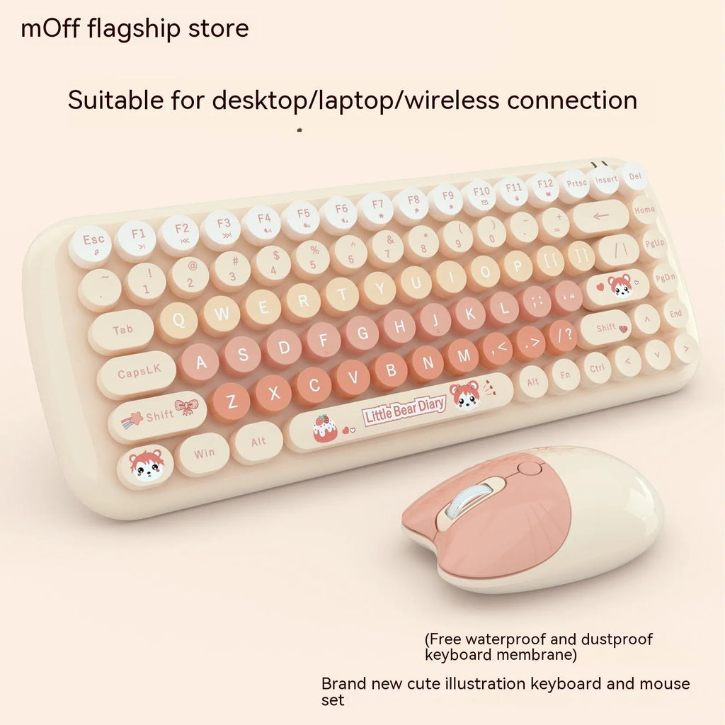 Pink cartoon wireless keyboard and mouse set with compact 43.5cm keyboard dimensions