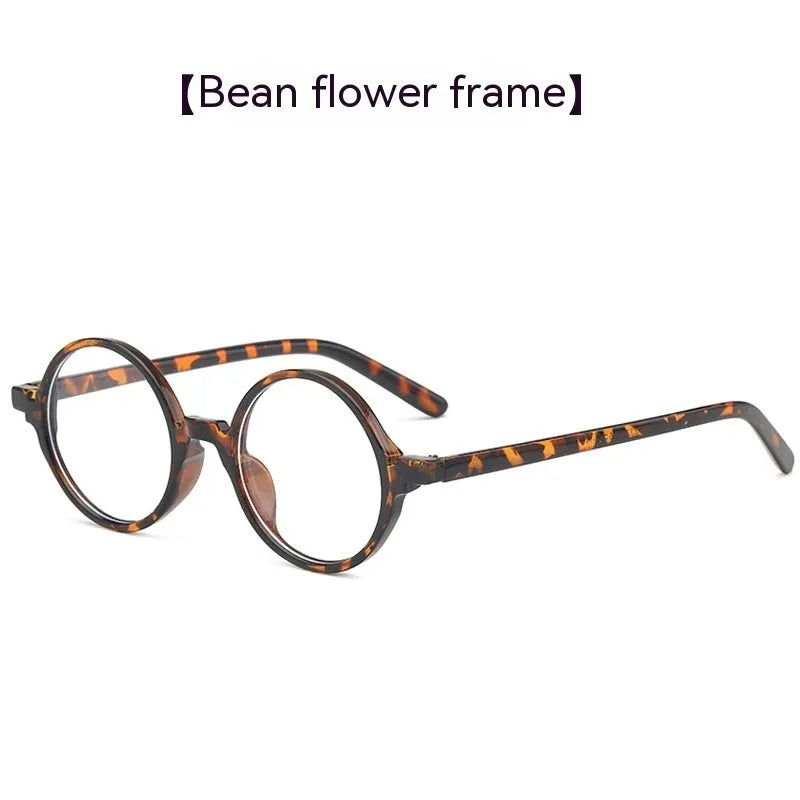 Retro round non-prescription glasses in four colours: bright black, sand black, tofu pudding, transparent grey.