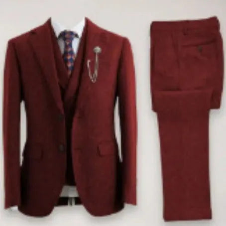 Men's slim fit three-piece suit in brown nylon with jacket, waistcoat, and trousers