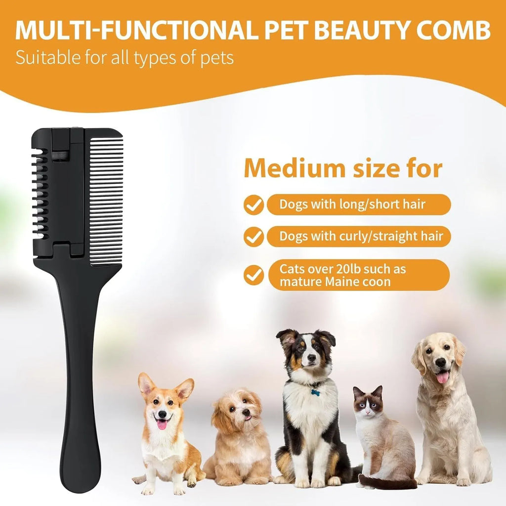 Pet razor comb grooming tool with comb teeth and integrated blade, includes replacement blades.