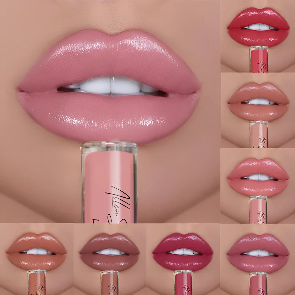 Silky cream texture lip gloss tube showing available colour options from single shades to 12-piece set