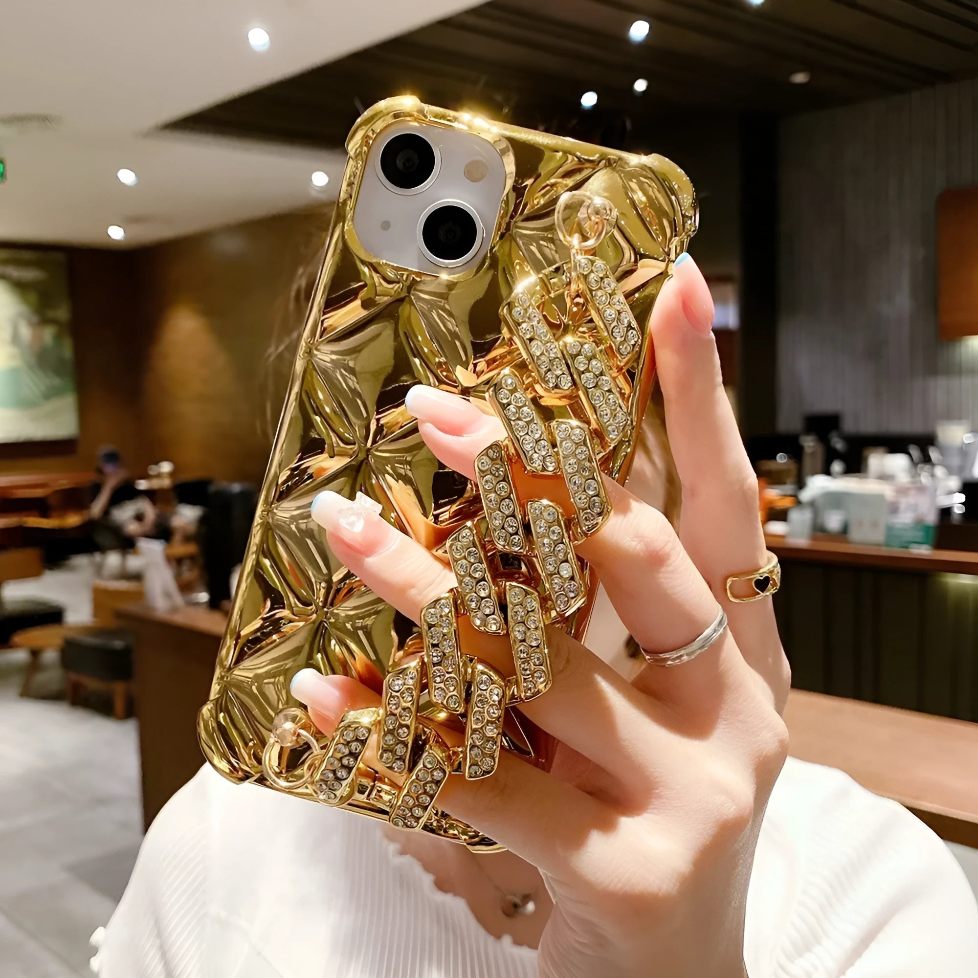 Luxury diamond bracelet iPhone case with decorative chain and flash diamond lock design