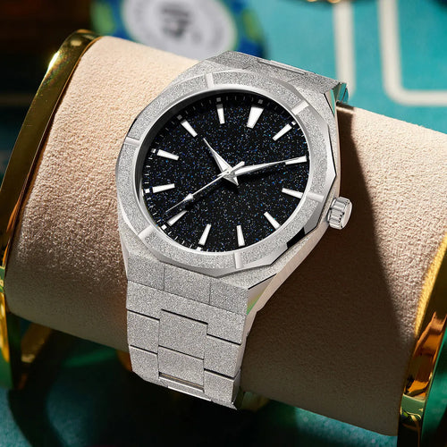 Men's business watch with stainless steel frosted finish and luminous markers in silver colour