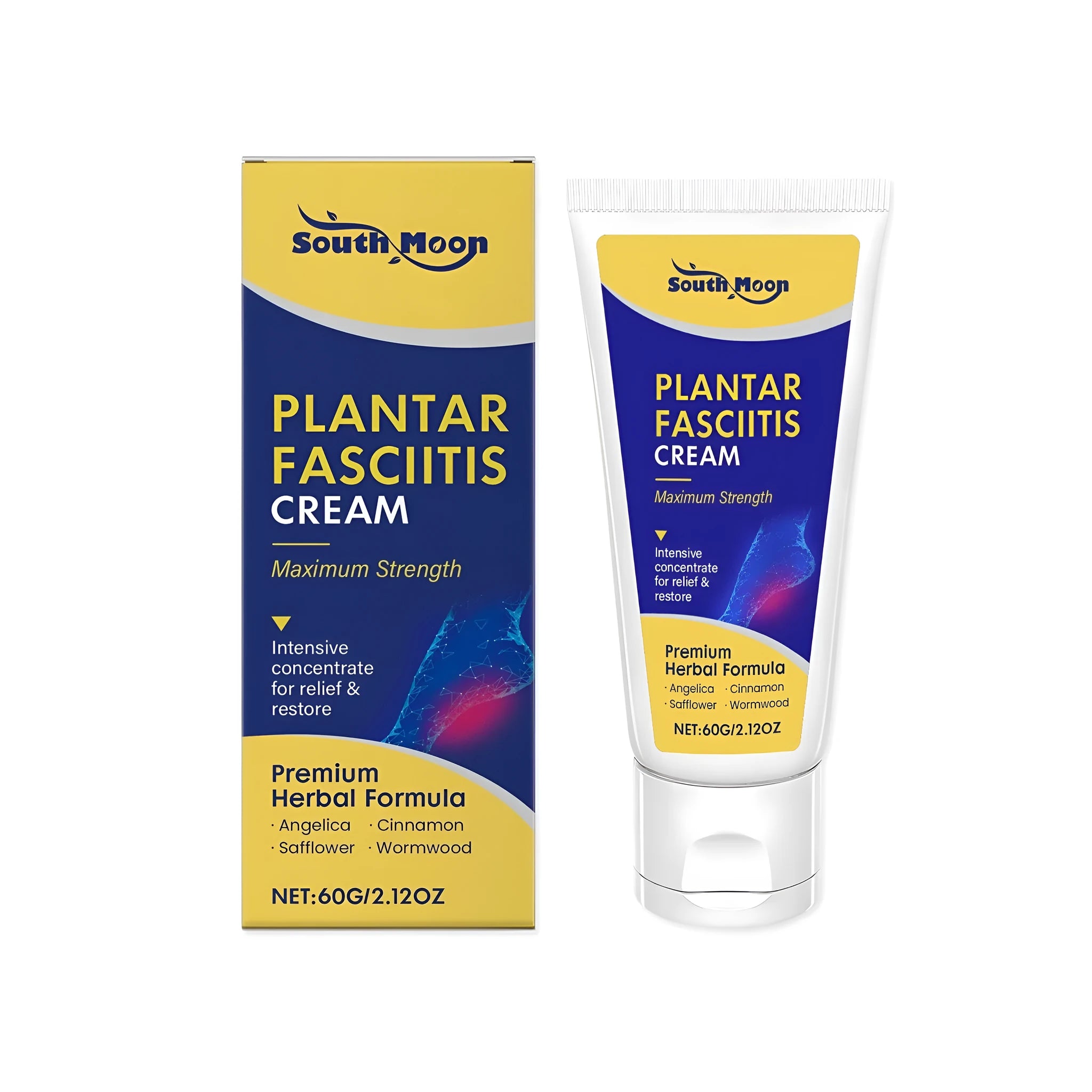 60g tube of foot relief cream with natural ingredients mint, angelica, cinnamon oil, and safflower.