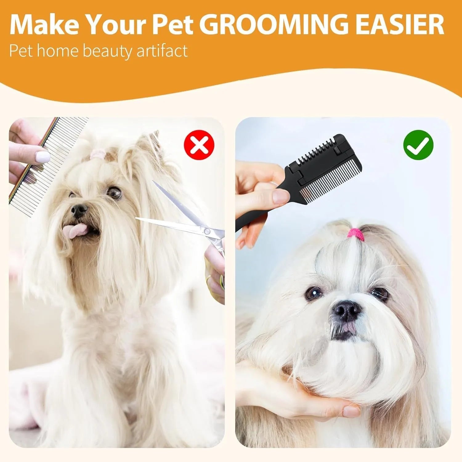 Pet razor comb grooming tool with comb teeth and integrated blade, includes replacement blades.