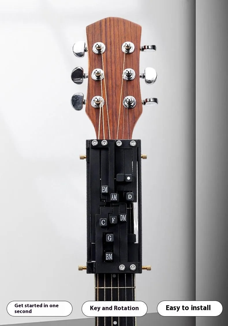 Black automatic chord changer device for folk guitar with 2024 double chord mechanism.