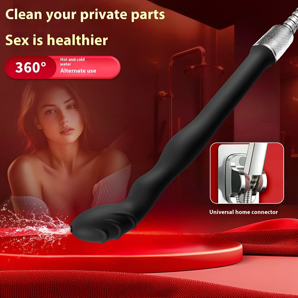 Black silicone sausage filler hosepipe enema for cleaning, shown in large and small size options.
