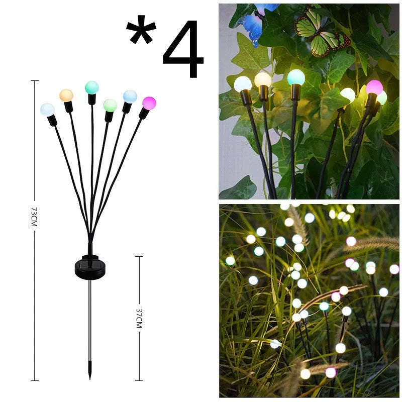 Solar-powered LED firefly ground lamp with multiple light heads for garden pathway illumination