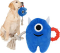 Blue monster plush dog toy with brown cotton rope arms and a squeaker inside.