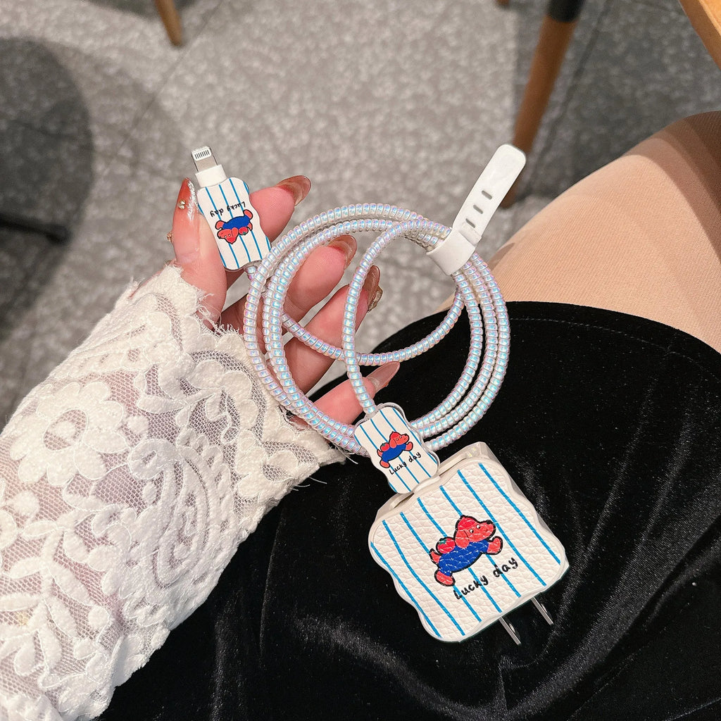 Set of cartoon puppy pattern lambskin USB cable protection sleeves for fast chargers