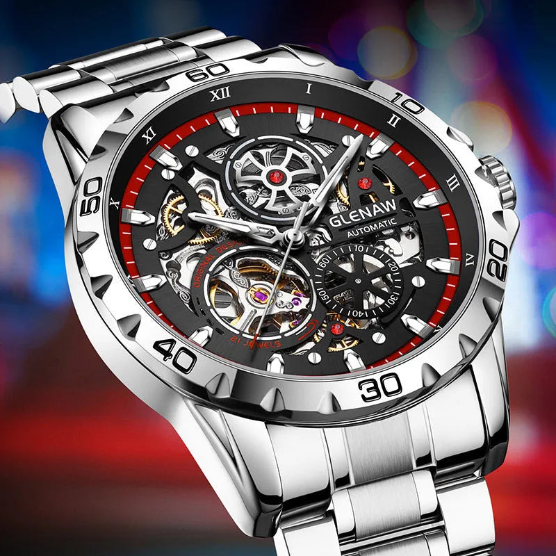 Silver stainless steel automatic skeleton watch with luminous markers and transparent case back