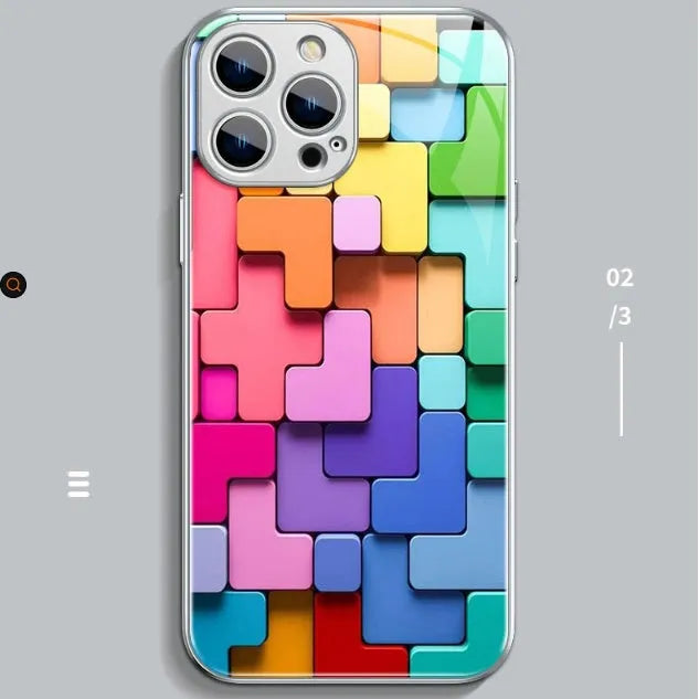 Silicone iPhone case with geometric cartoon pattern on back, shown in black glass colour option