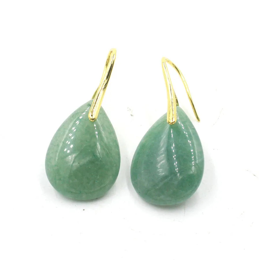 Geometric water drop earrings featuring a green aventurine crystal in a silver-toned electroplated setting.