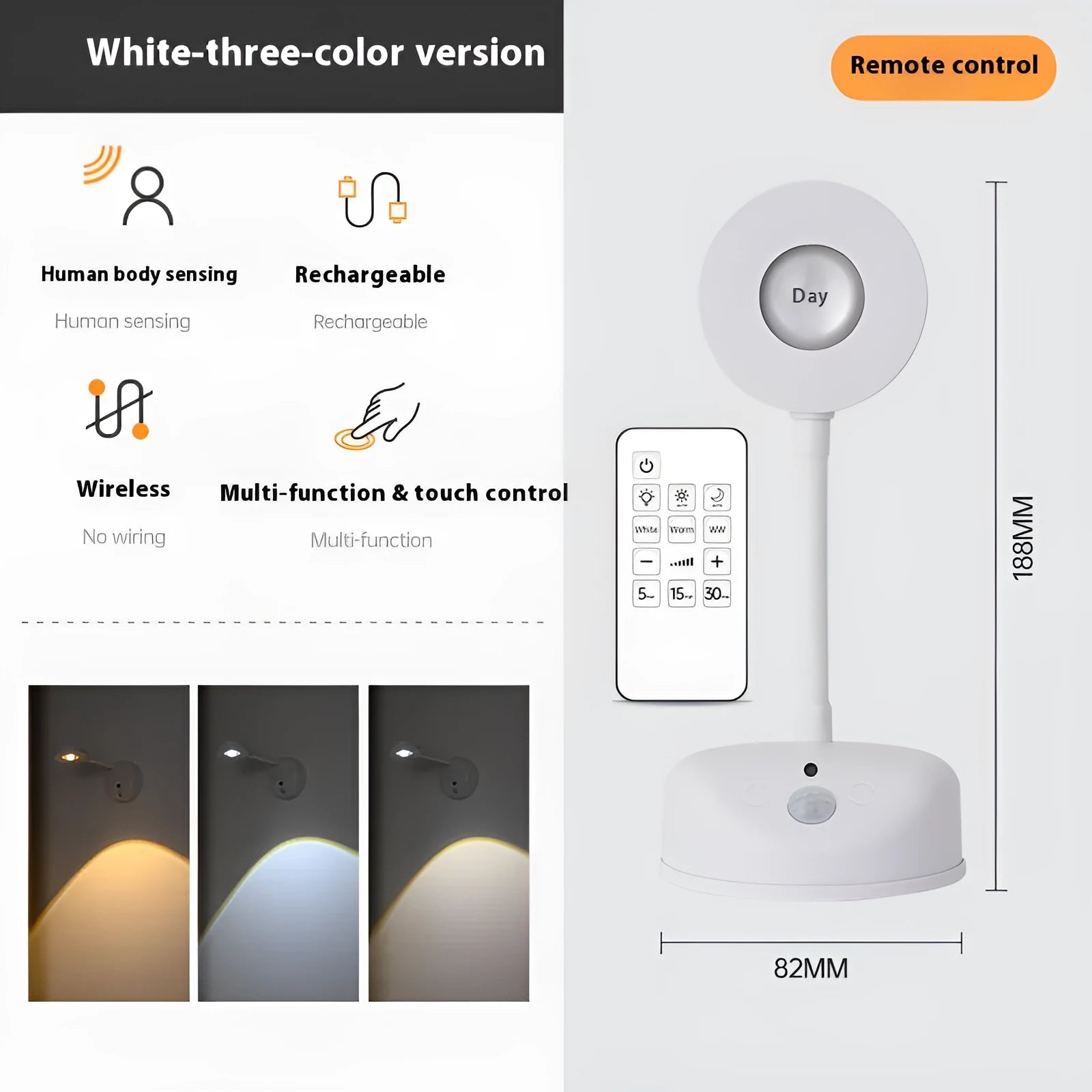 Geometric rechargeable wireless wall lamp in black or white with remote control