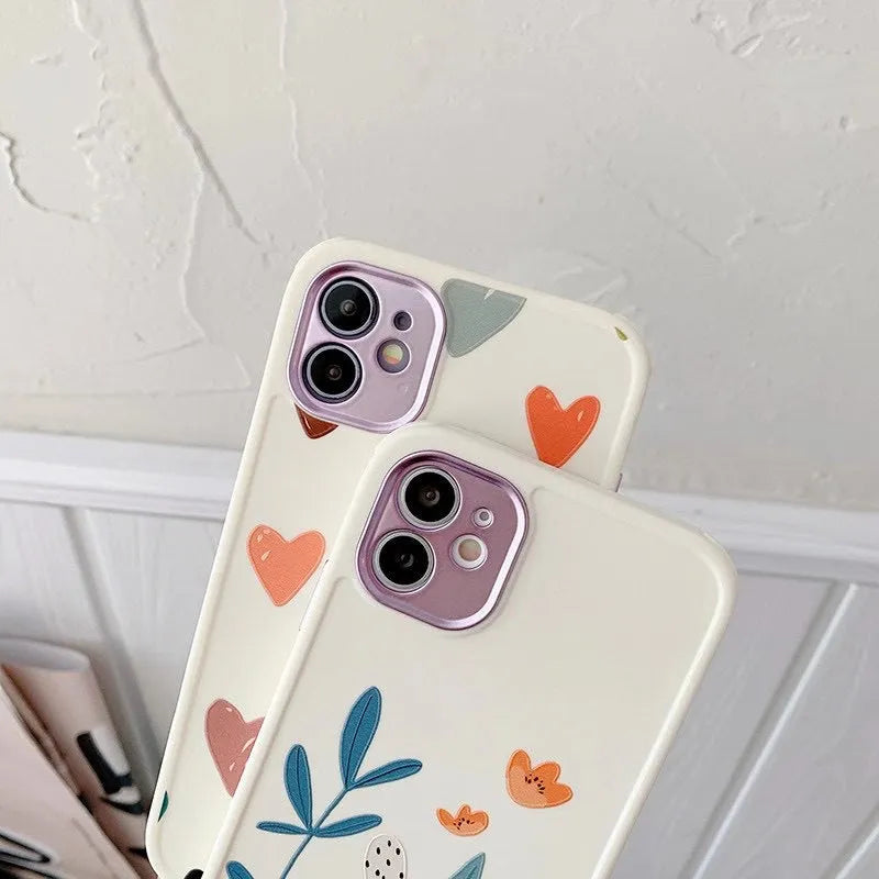 Heart electroplated lens iPhone case with painted Nordic design, TPU back cover, multiple coloured loving heart pattern