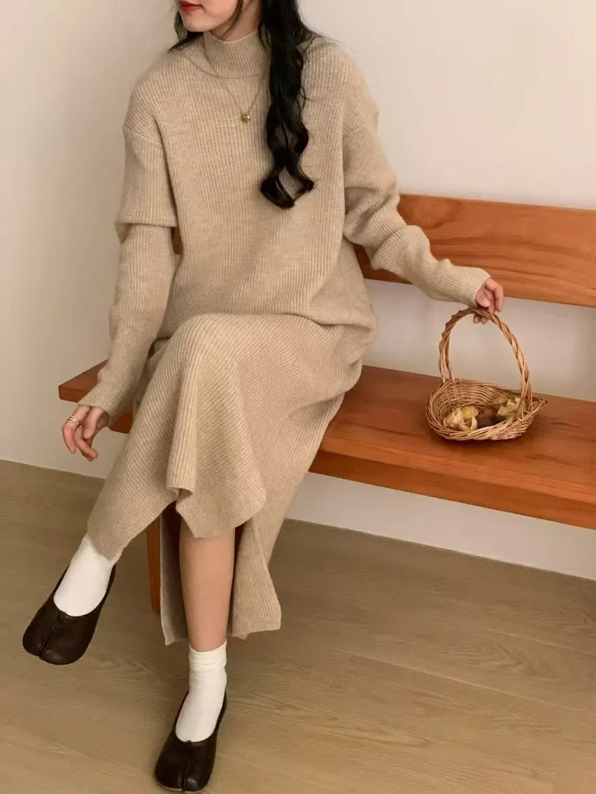 Half turtleneck knit dress in acrylic fabric with high waist and mid-length overknee skirt