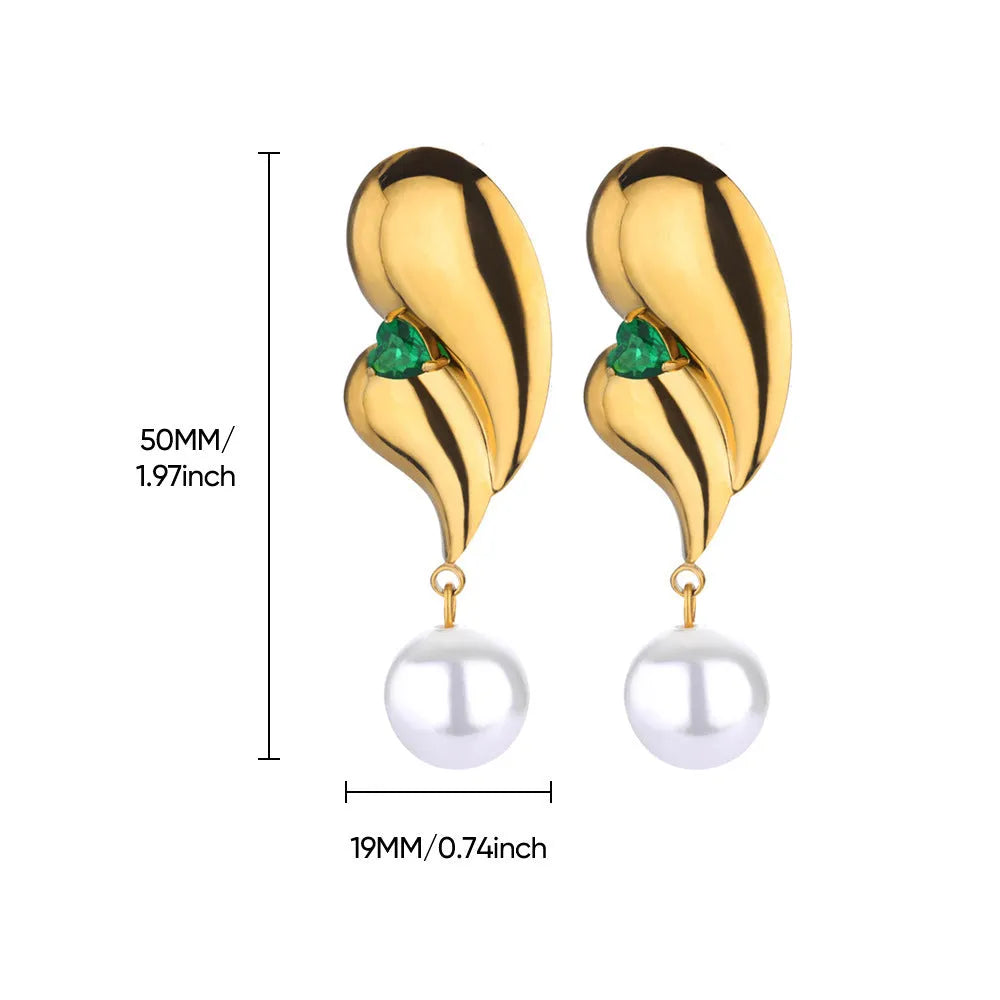 Stainless steel green zircon and pearl drop earrings with electroplated finish, geometric shape, 2 cm drop
