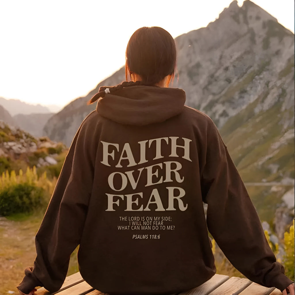 Faith Over Fear Christian hoodie unisex cotton blend pullover with drawstring hood and drop shoulder, shown in light gray.