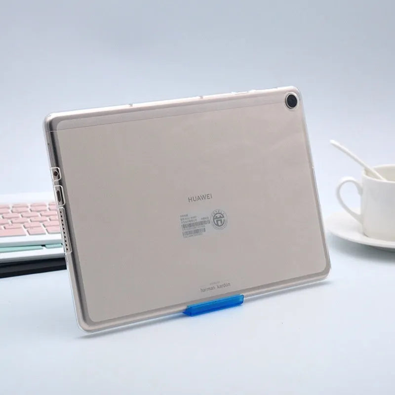 Ultra-thin transparent white silicone and TPU protective case for a tablet.