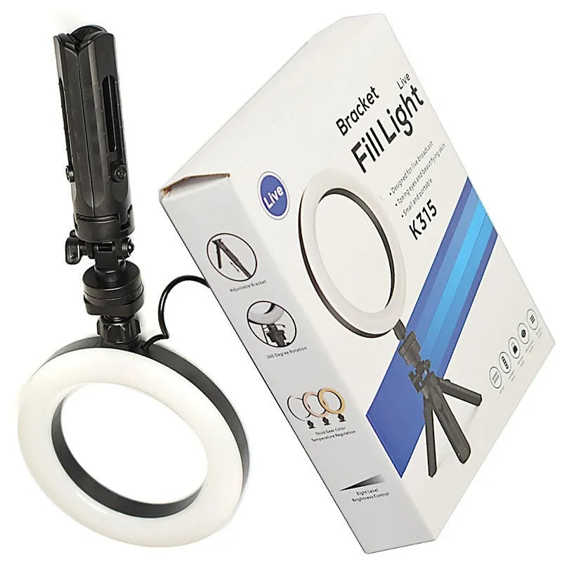 Mobile live streaming bracket with adjustable fill light on desktop tripod in black colour