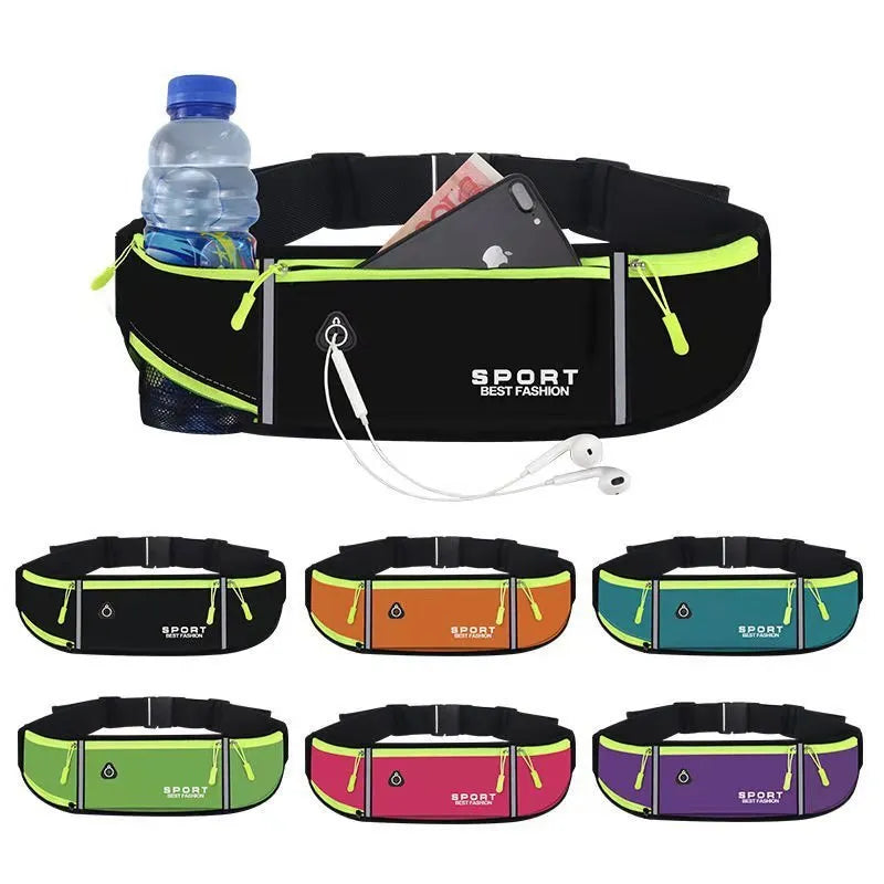 Waterproof Oxford cloth running belt bag in multiple colours, showing anti-theft design and pocket options.
