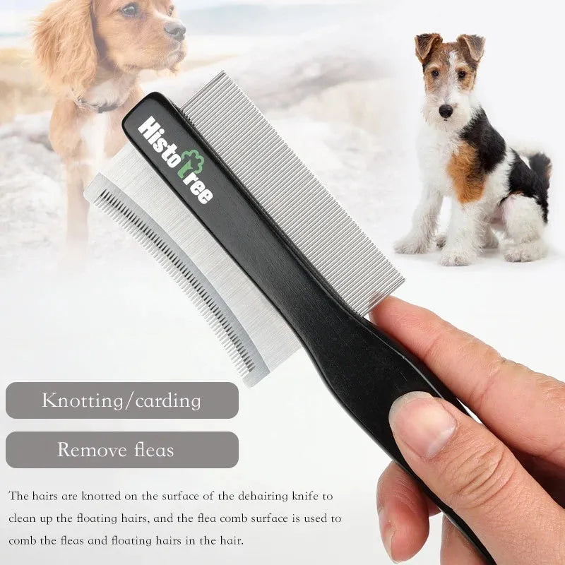 Black double-sided pet grooming comb with wood handle and stainless steel teeth