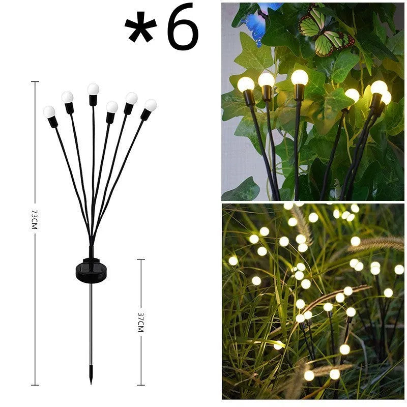 Solar-powered LED firefly ground lamp with multiple light heads for garden pathway illumination