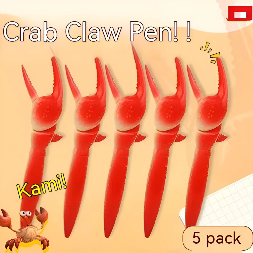 Colourful crab claw ballpoint pen with metal clip shown on a notebook.