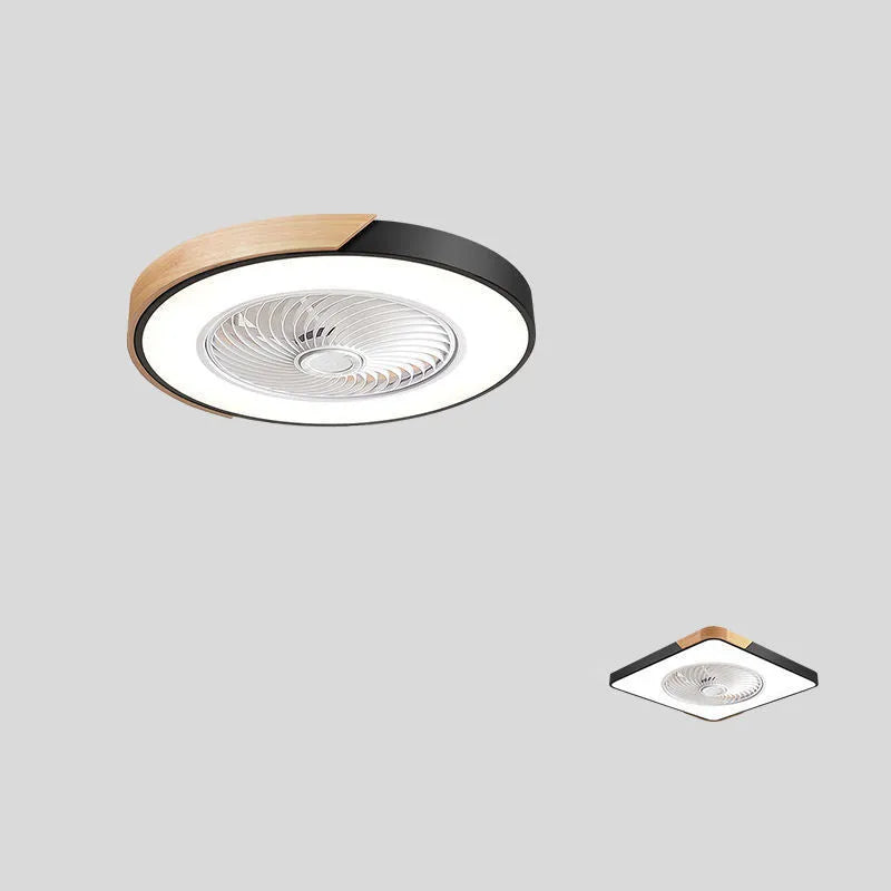 Nordic style wooden ceiling fan with integrated light fixture and PVC lampshade.