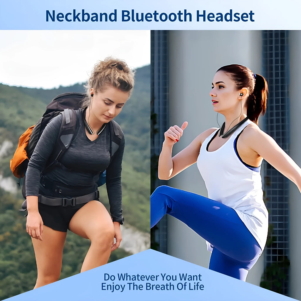 Wireless sport headphones in black and blue with hanging-neck design and digital display