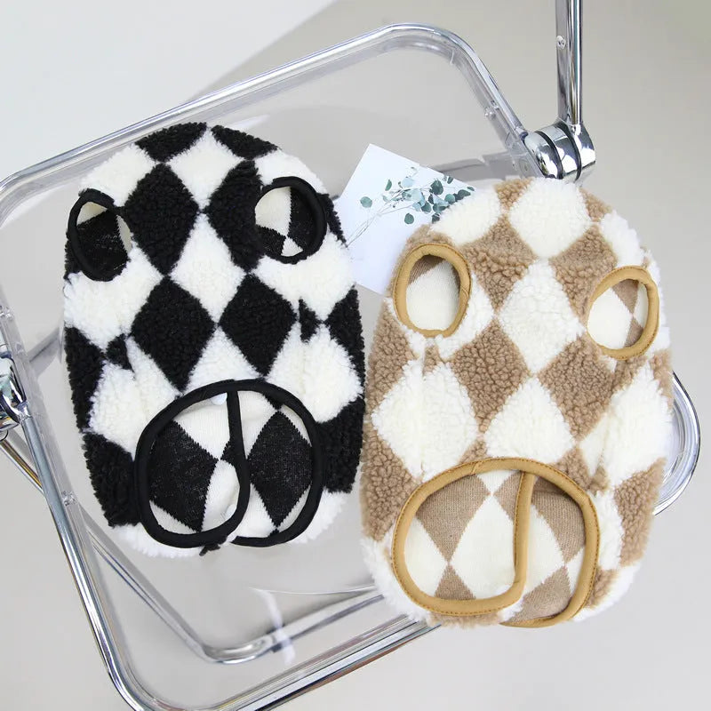 Pet checkerboard vest jacket in brown coral velvet with diamond plaid pattern for cats and dogs