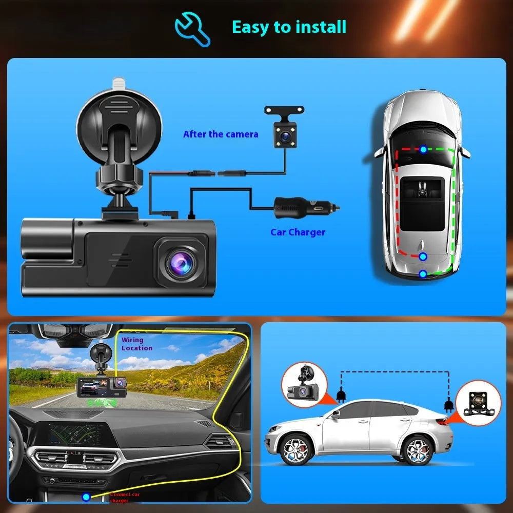 Black WiFi-enabled car dash cam with a 2-inch LCD screen mounted on a windscreen, showing a live video feed.