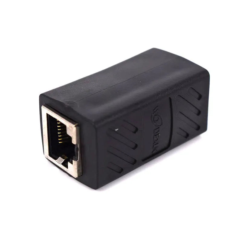 Black RJ45 female to female network cable extender adapter isolated on white