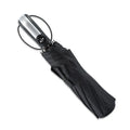 Black automatic open triple-folding business umbrella with a ribbed rubber handle, shown deployed.