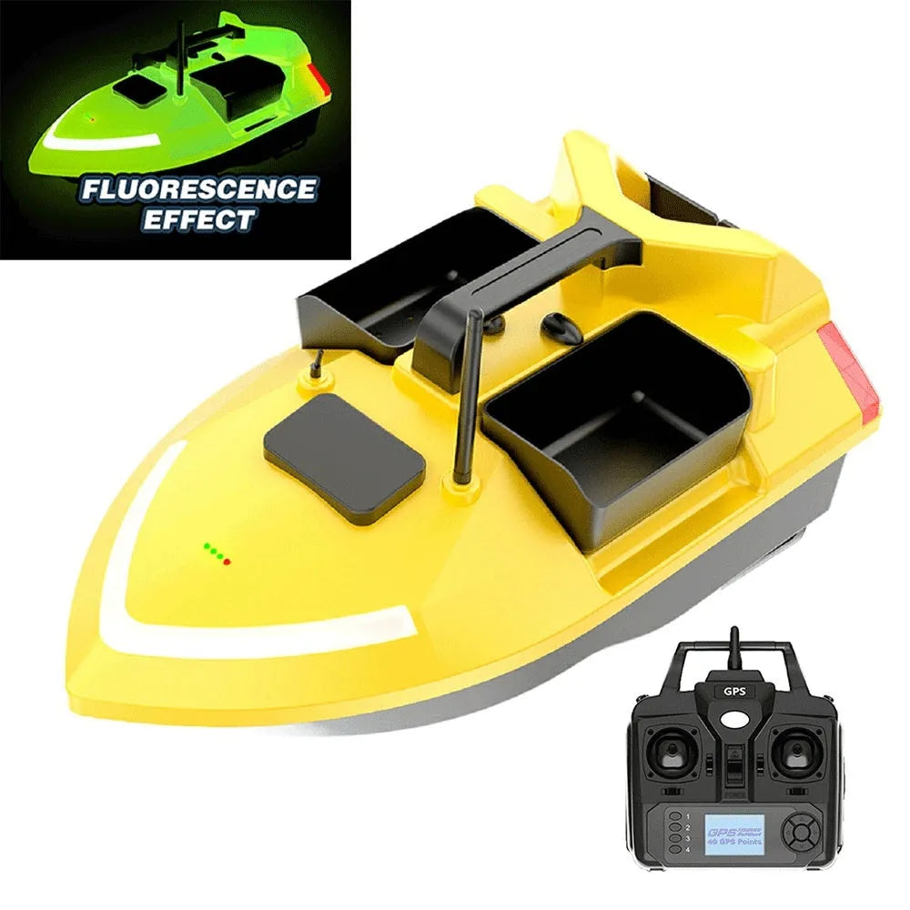 V020 GPS remote control fishing boat in luminous yellow on water, showing remote controller and handbag.