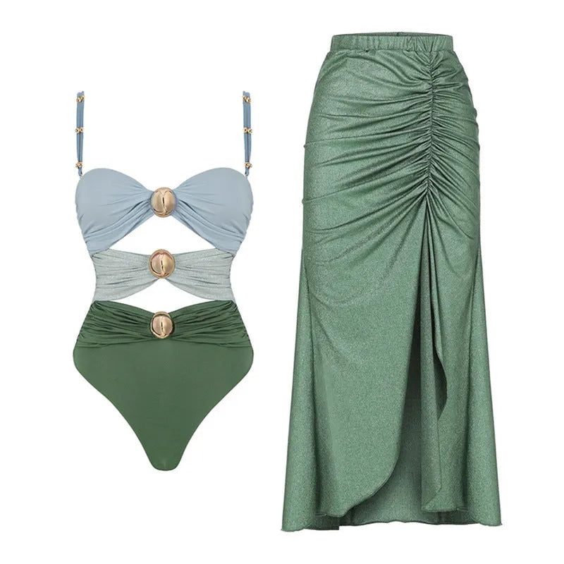 Women's high-waist bikini swimsuit with split detail and cover-up skirt in yellow or green nylon fabric