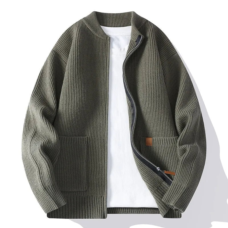 Men's striped sweater cardigan in Vinylon blend fabric available in five colours with straight cut design