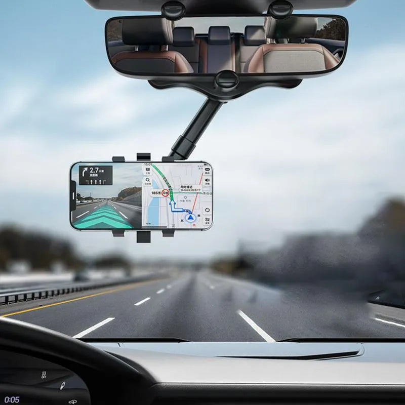 Black rearview mirror car phone holder showing 360-degree rotation and telescopic arm extended.