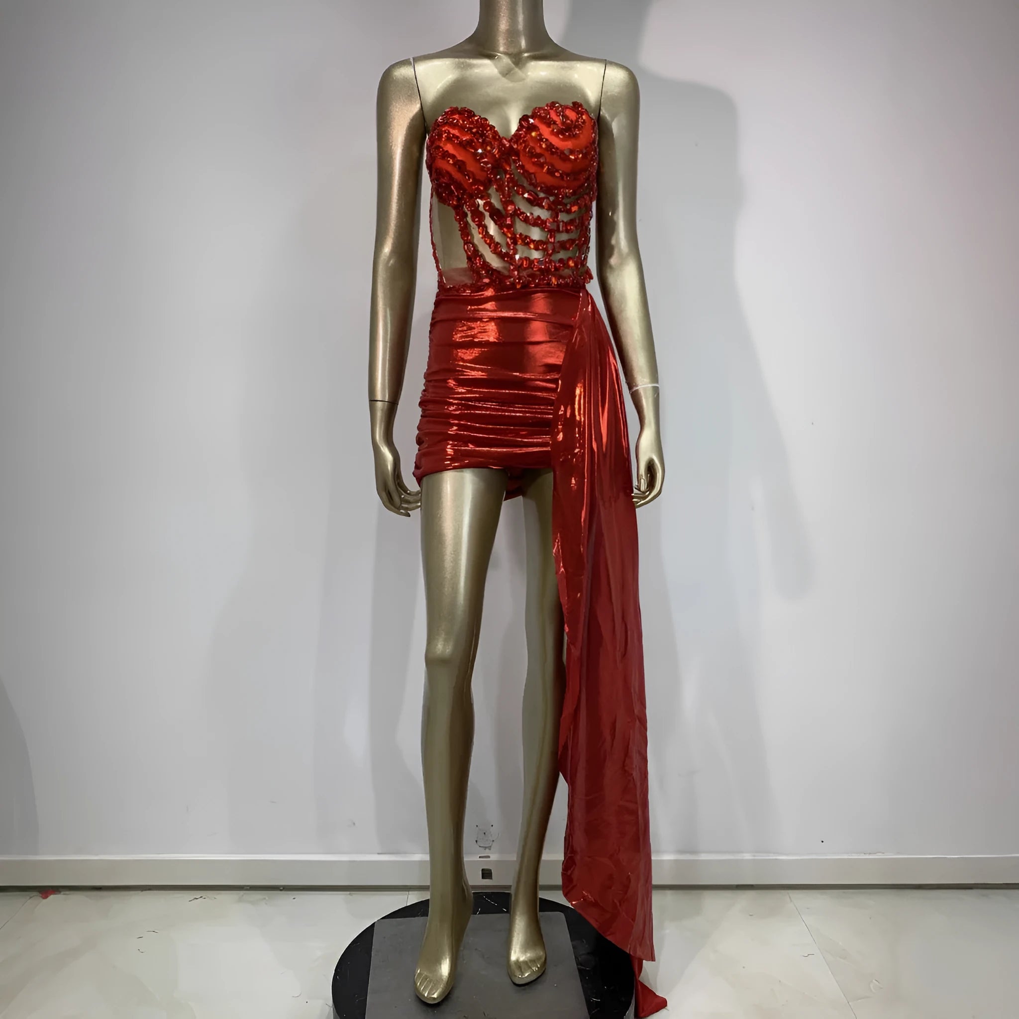 Red spandex skirt suit with hollow mesh see-through detailing for stage costumes