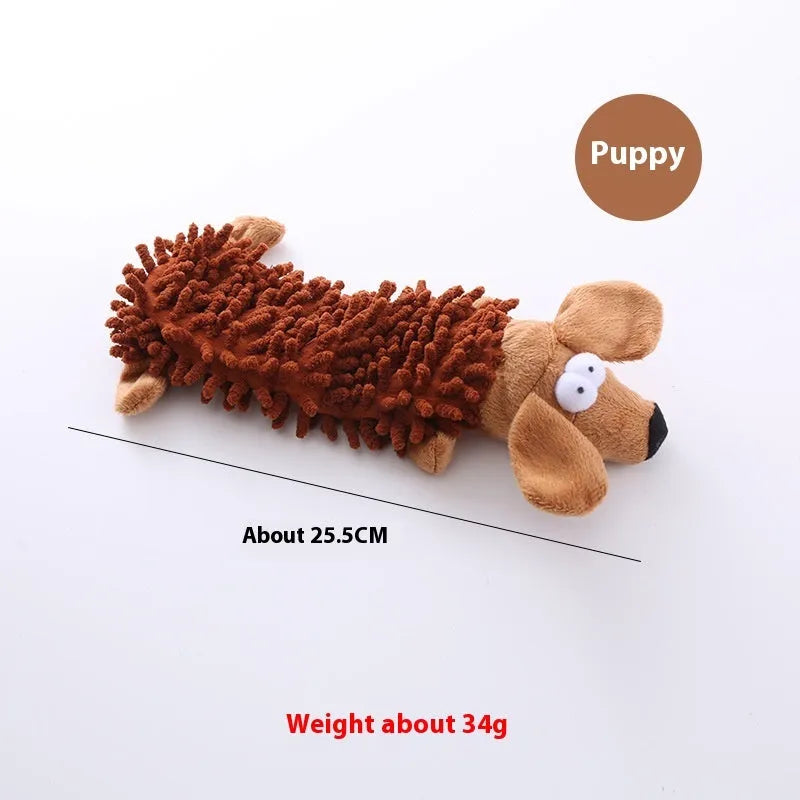 Microfiber plush dog toy with molar chew texture in six animal designs