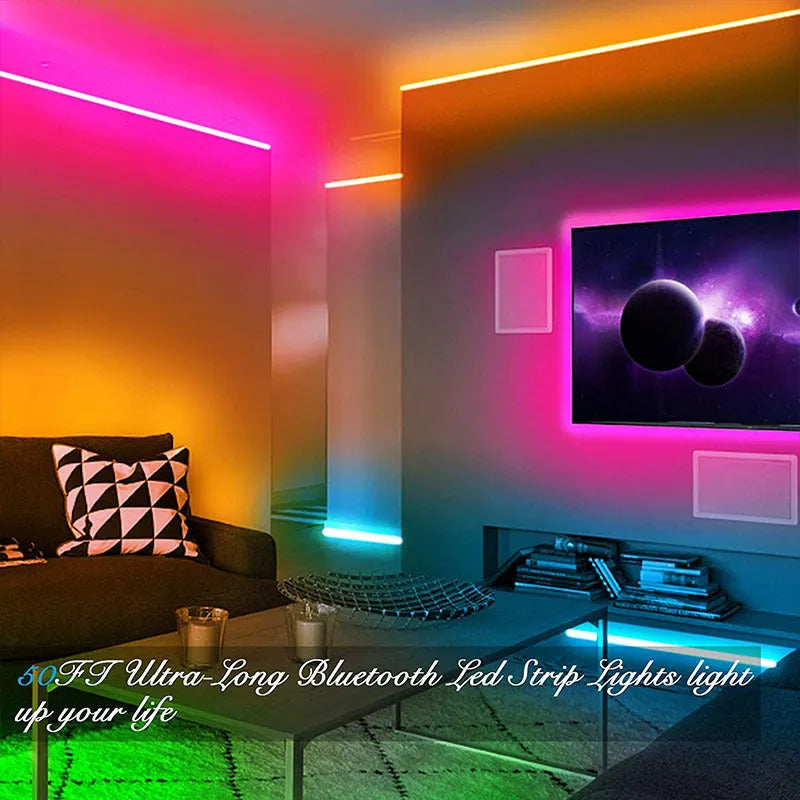 LED 5050 RGB light strip with Bluetooth remote, showing colour-changing effects and epoxy-coated IP65 waterproof option.