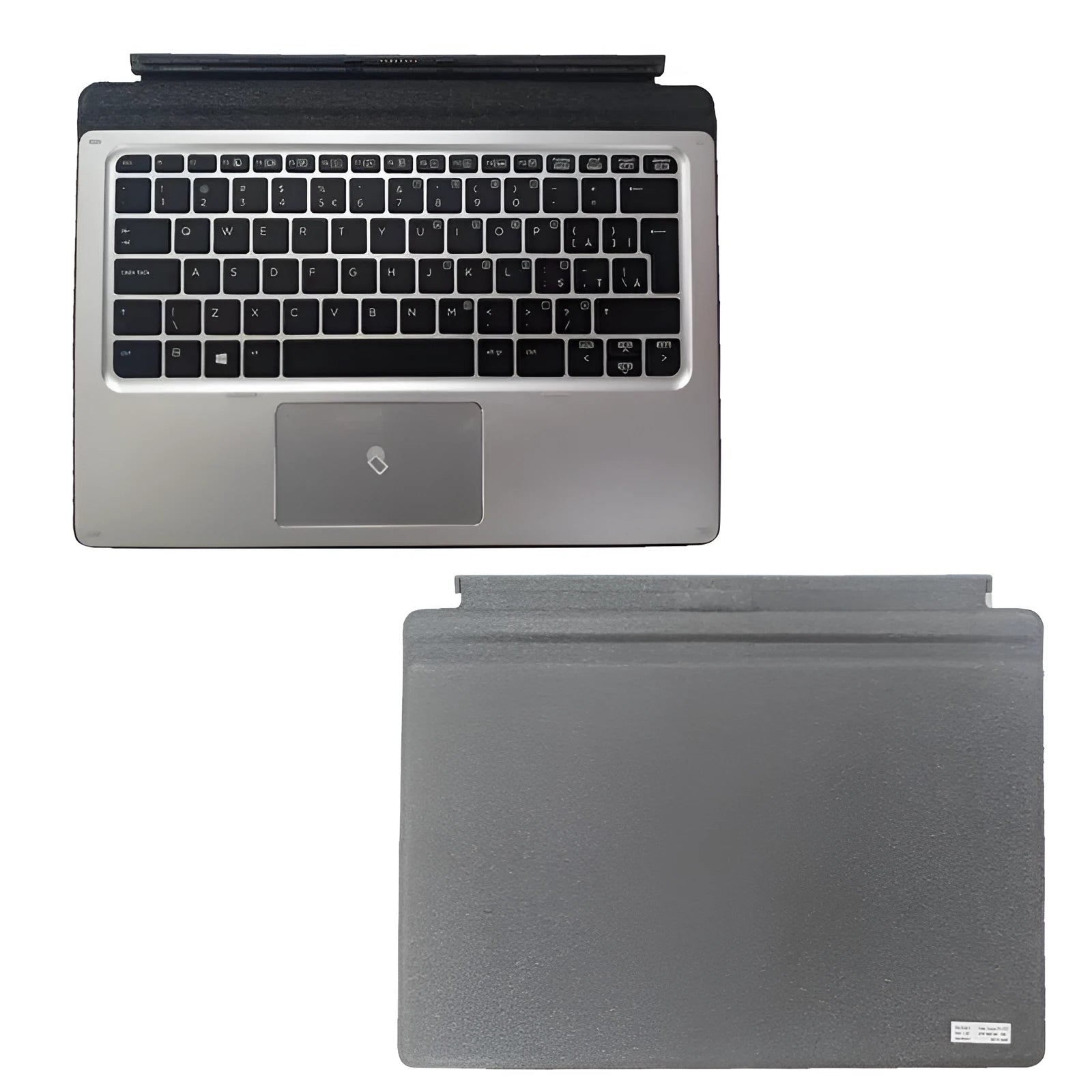 Slim wireless keyboard attached to an Elite X2 tablet, showing ergonomic tilt and multimedia function keys.