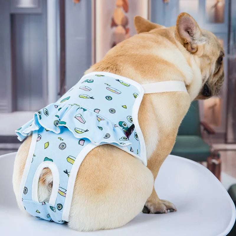 Washable cotton female dog menstrual safety pants in blue, side view on white background