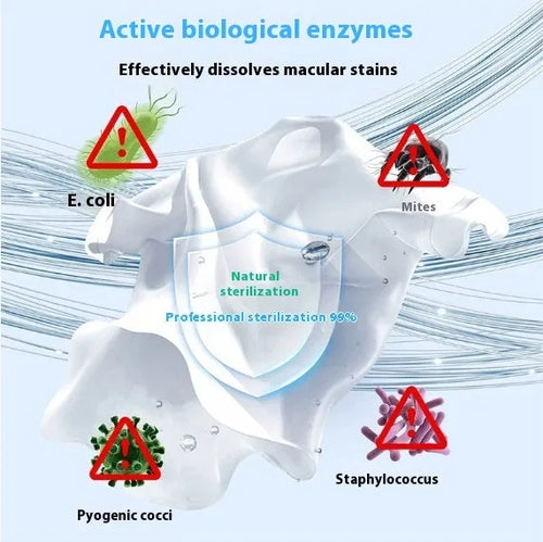 Bottle of biological enzyme bubble powder laundry detergent for stain removal on down jackets and wool.