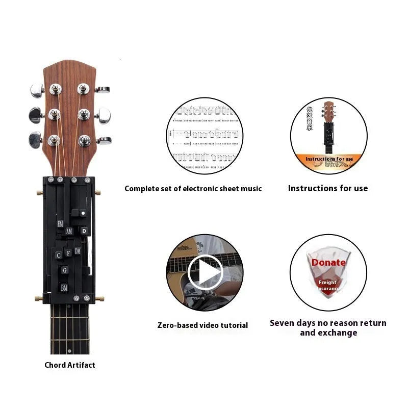 Black automatic chord changer device for folk guitar with 2024 double chord mechanism.