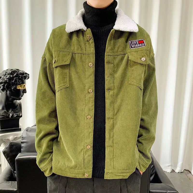 Men's loose fit corduroy jacket in khaki, green, or black with a stitched pocket.